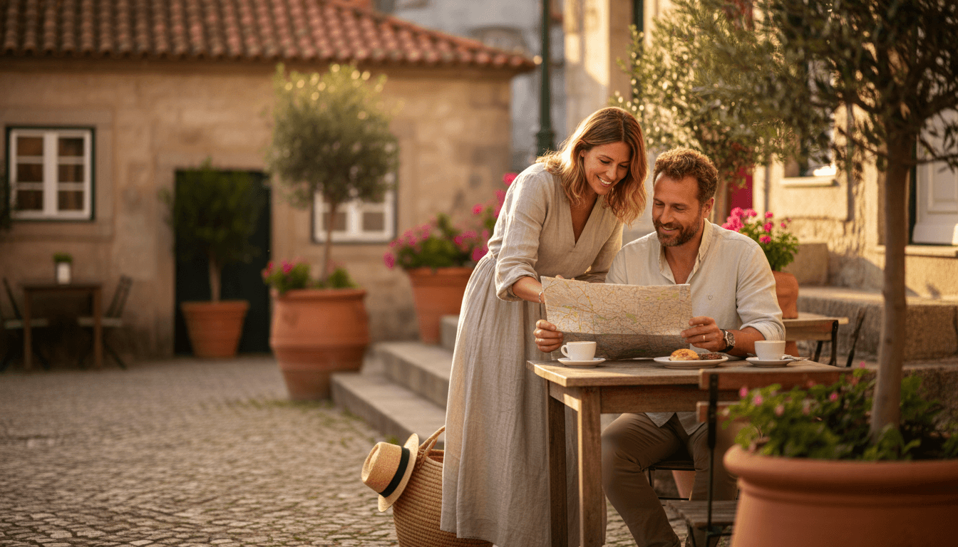 Casal apreciando a vida em Cascais em um café local aconchegante