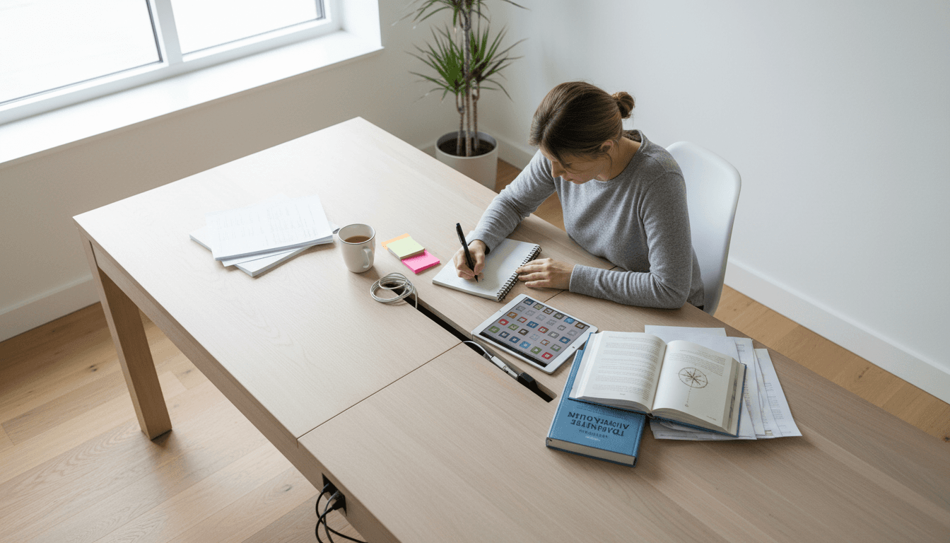 Pessoa organizando anotações e guias práticos para mudança