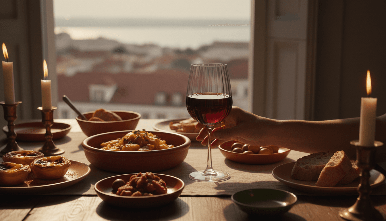 Mesa de refeição com cozinha portuguesa tradicional e vista de Lisboa