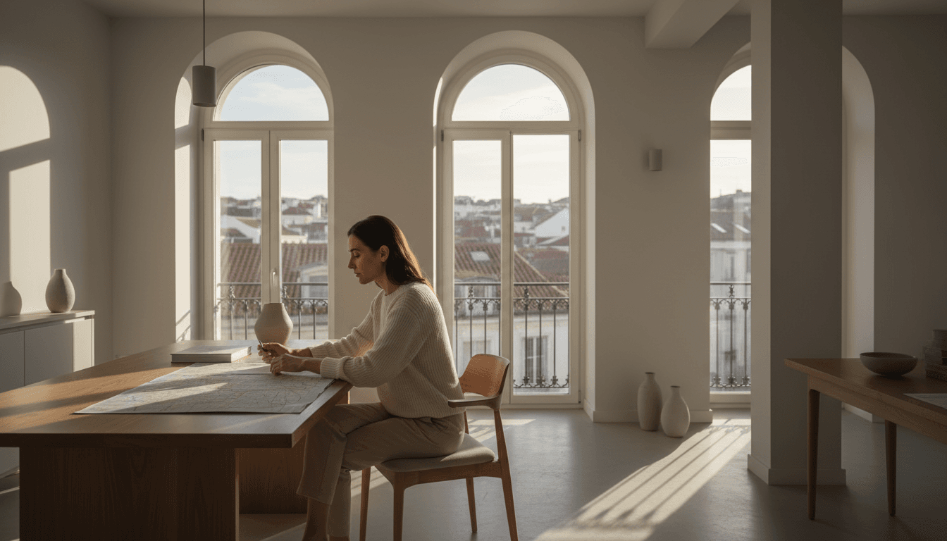 Mulher revisando documentos de relocação e mapa de Portugal em apartamento moderno em Lisboa