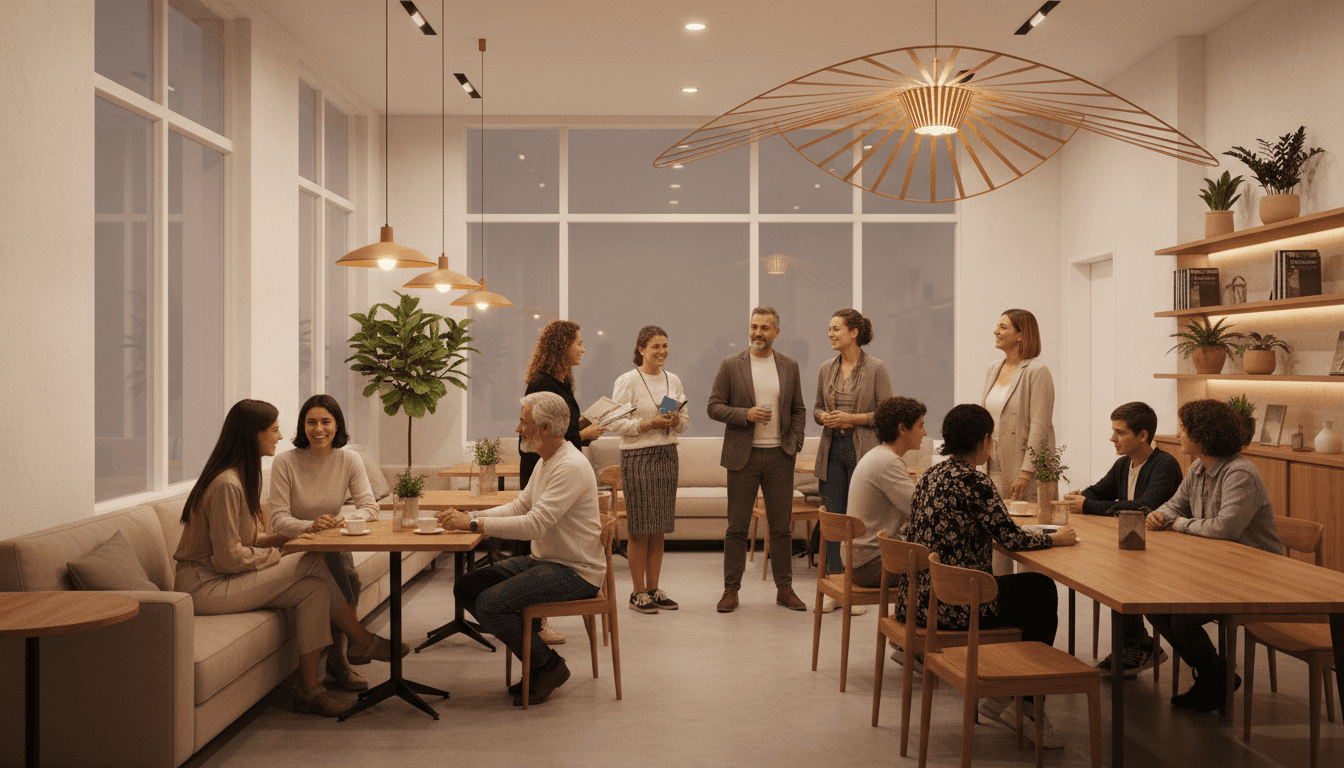 Grupo diverso de pessoas conversando em ambiente social acolhedor em Cascais
