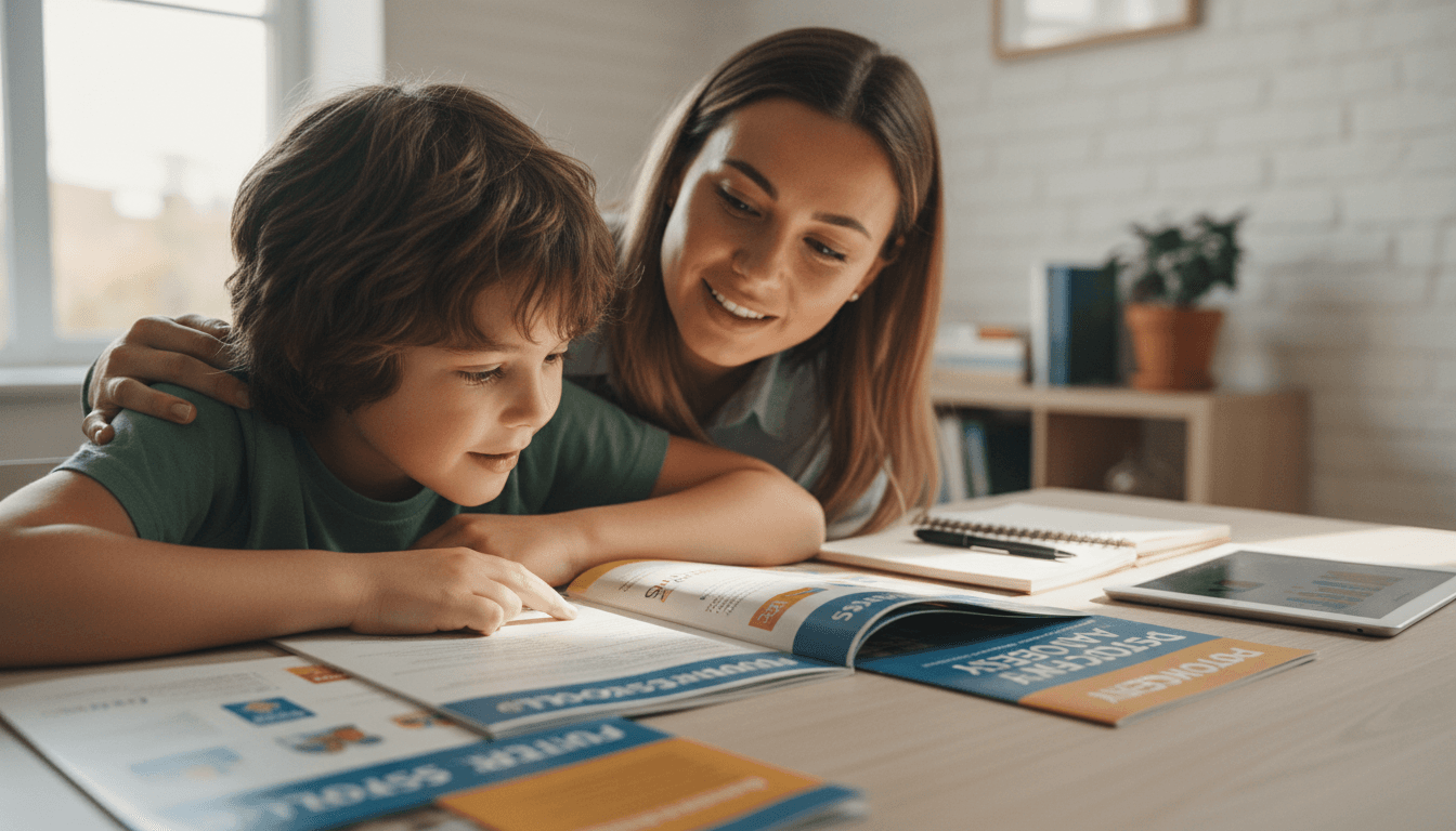 Responsável e criança explorando materiais de escolas em casa