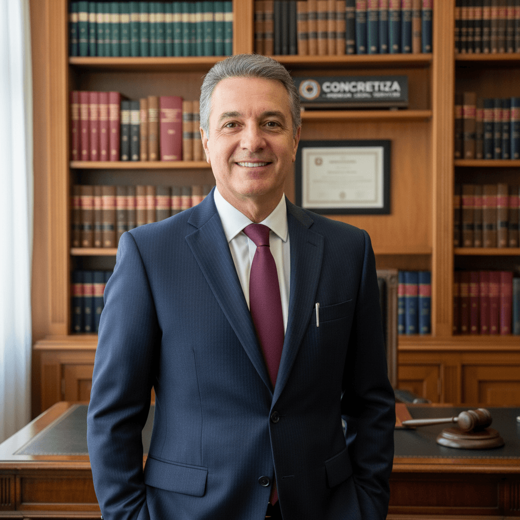 Portrait of Rogério Araújo, a confident lawyer in a professional office setting