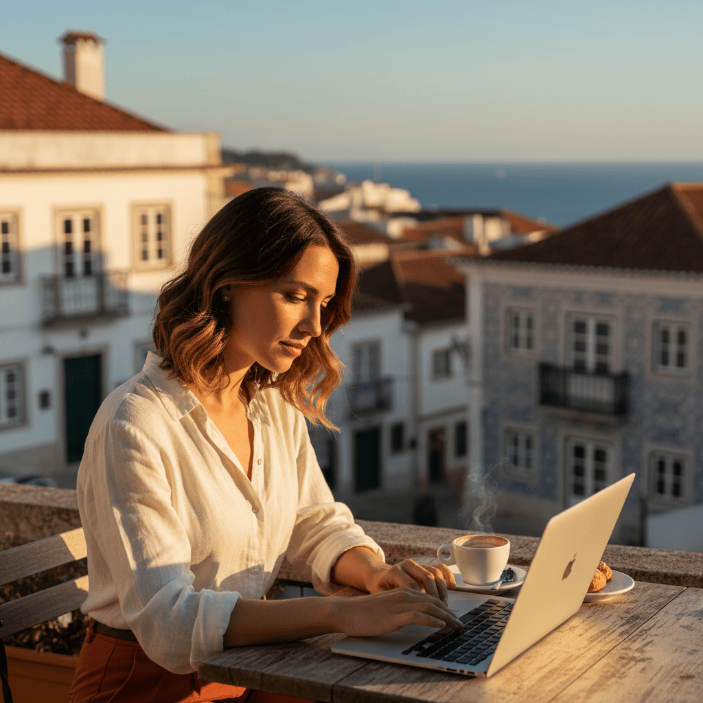 Mulher trabalhando em café com vista para a costa portuguesa