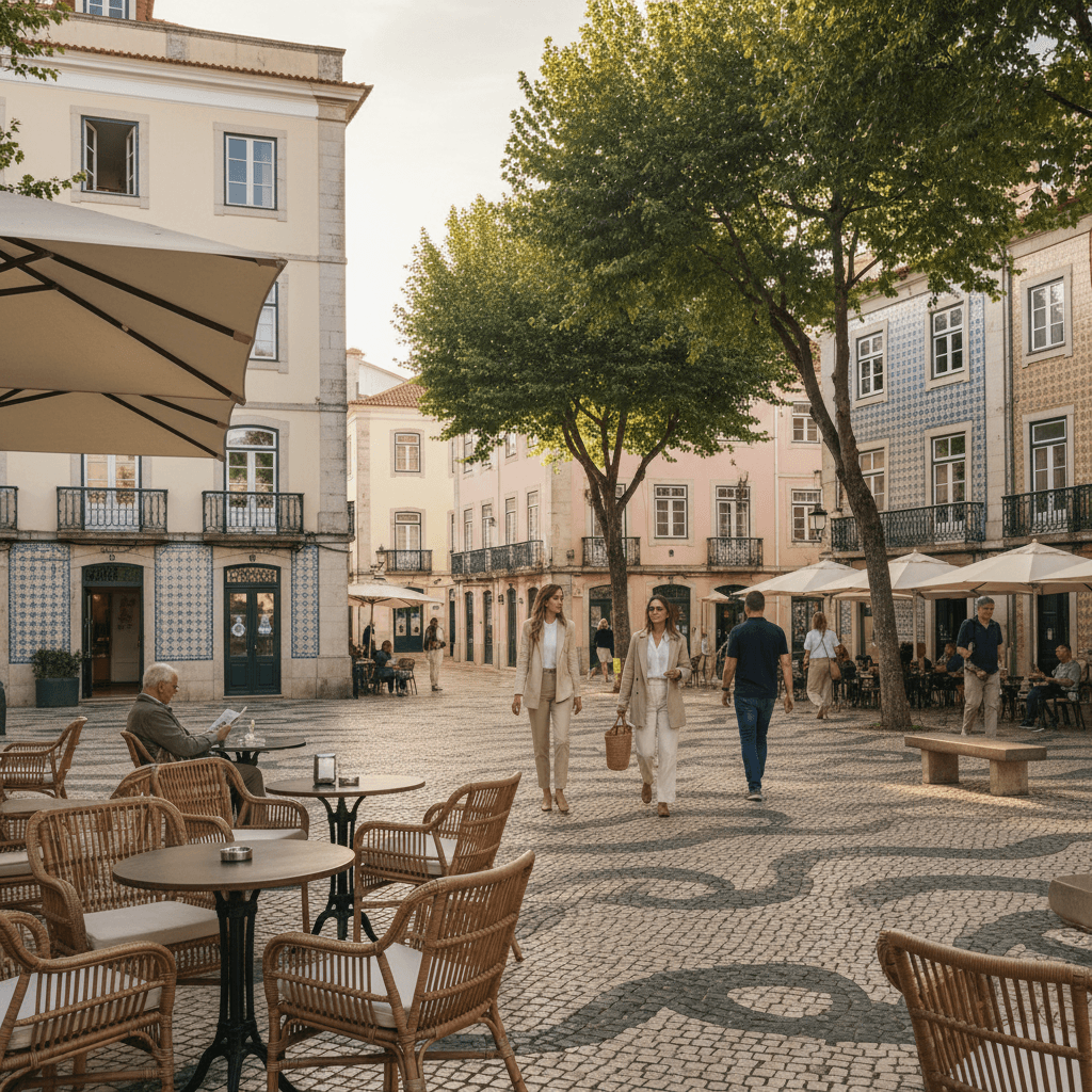 Praça tradicional de Cascais com arquitetura portuguesa