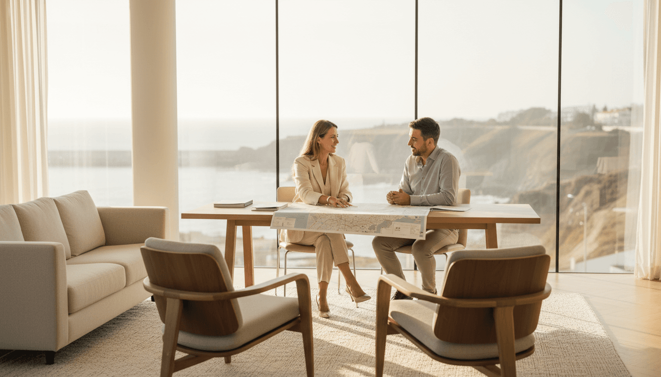 Consultora da Concretiza em conversação com cliente em escritório moderno em Cascais