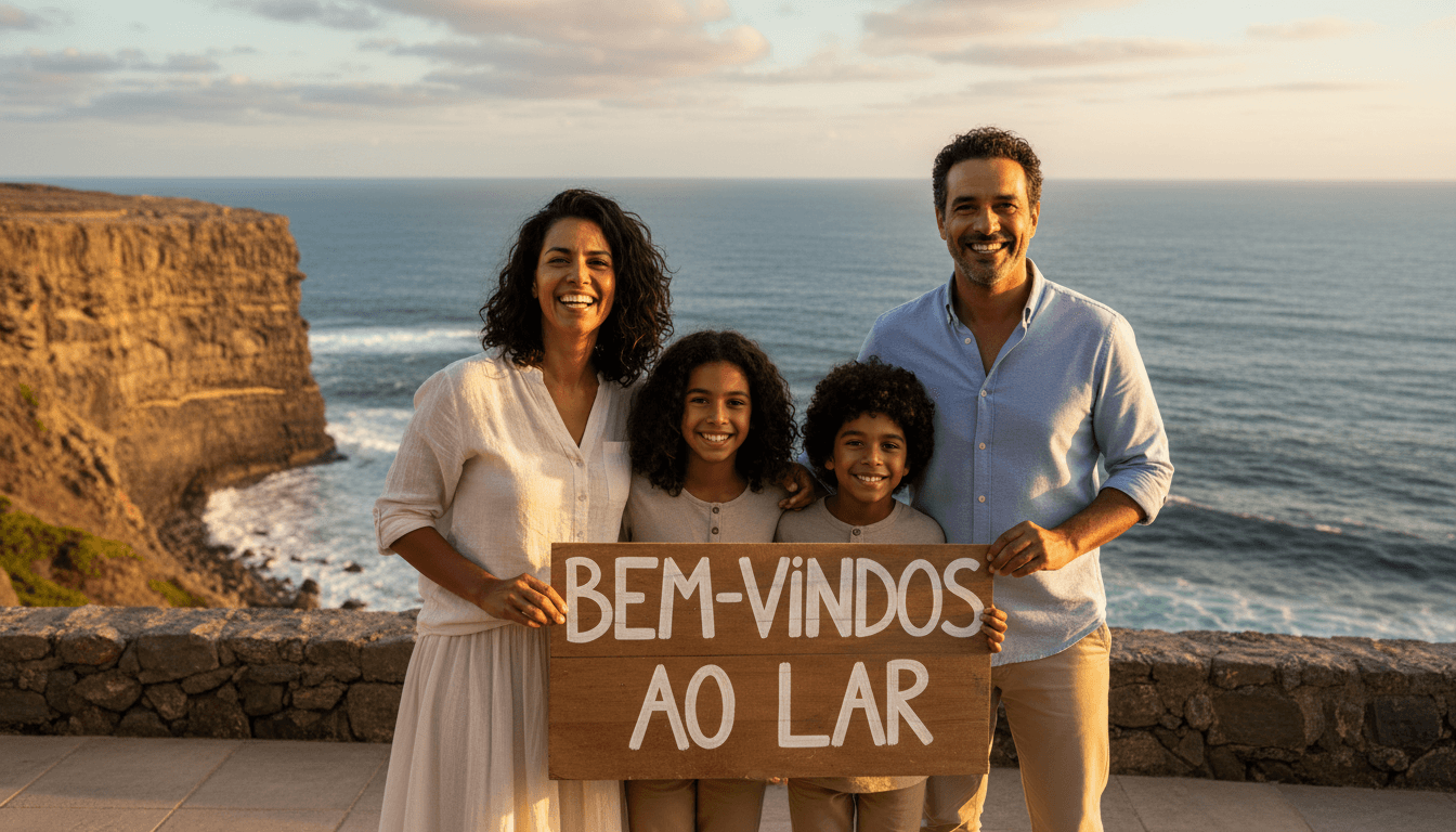 Família feliz em terraço de Cascais olhando para o oceano Atlântico