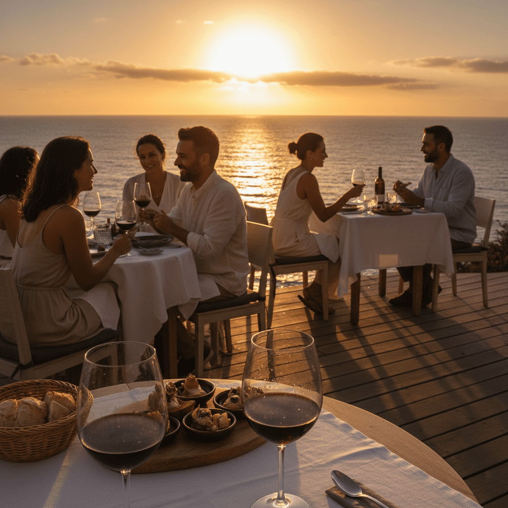 Casal jantando à beira-mar ao pôr do sol
