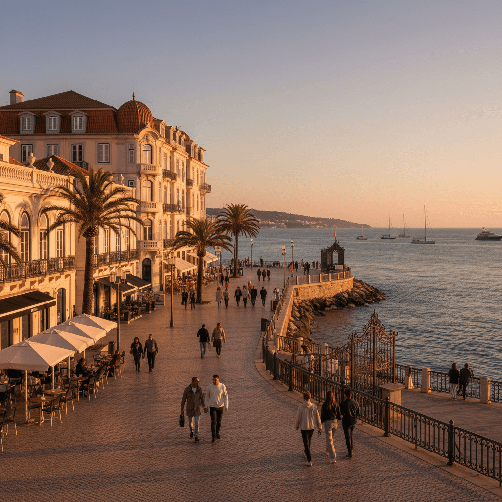 Passeio à beira-mar de Cascais com arquitetura europeia elegante