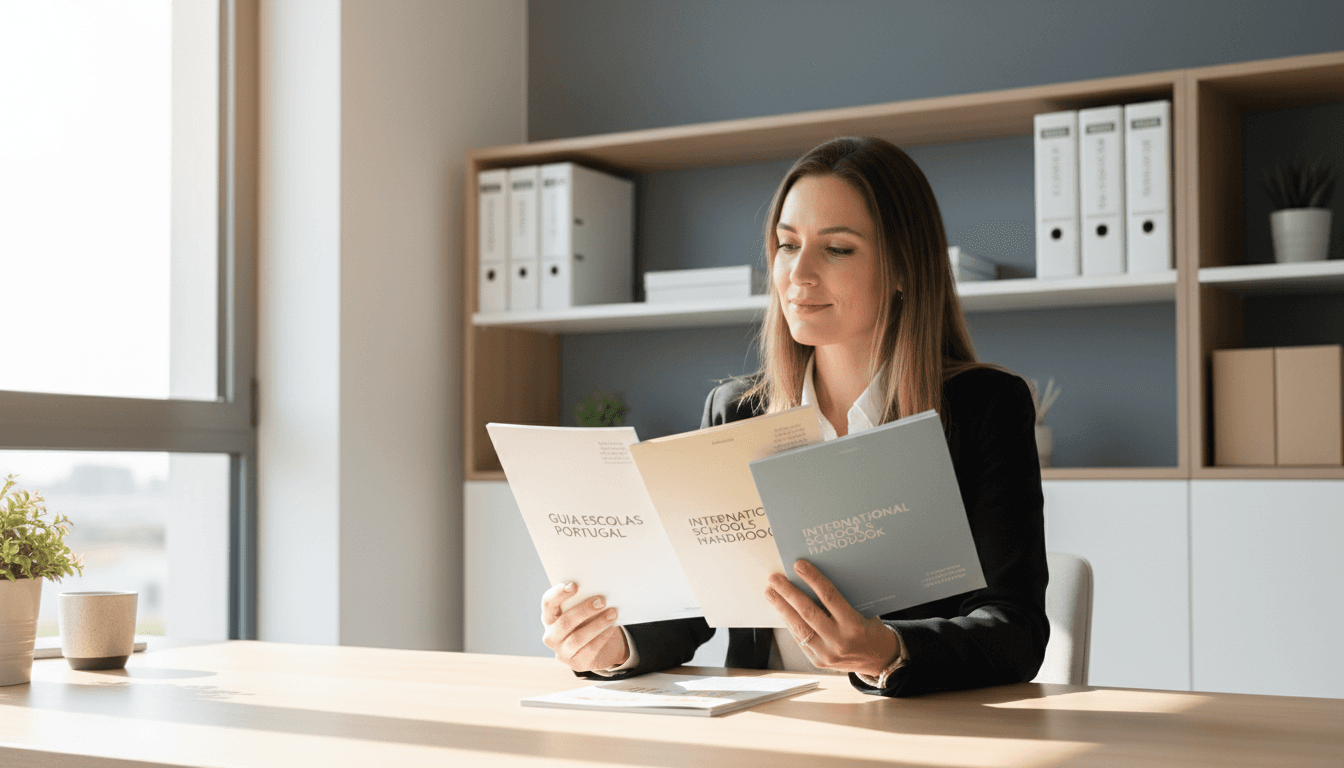 Consultora com materiais de seleção escolar e guias educacionais