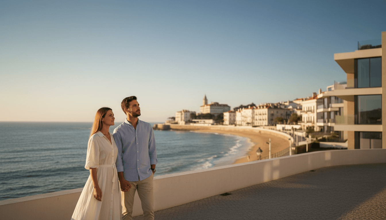 Casal observando o horizonte em Cascais ao entardecer, com arquitetura moderna e o Atlântico ao fundo