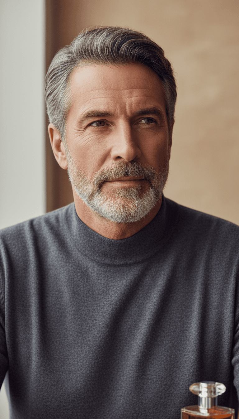 Mature male model photographed with soft window lighting, displaying refined grooming and confident sophisticated expression