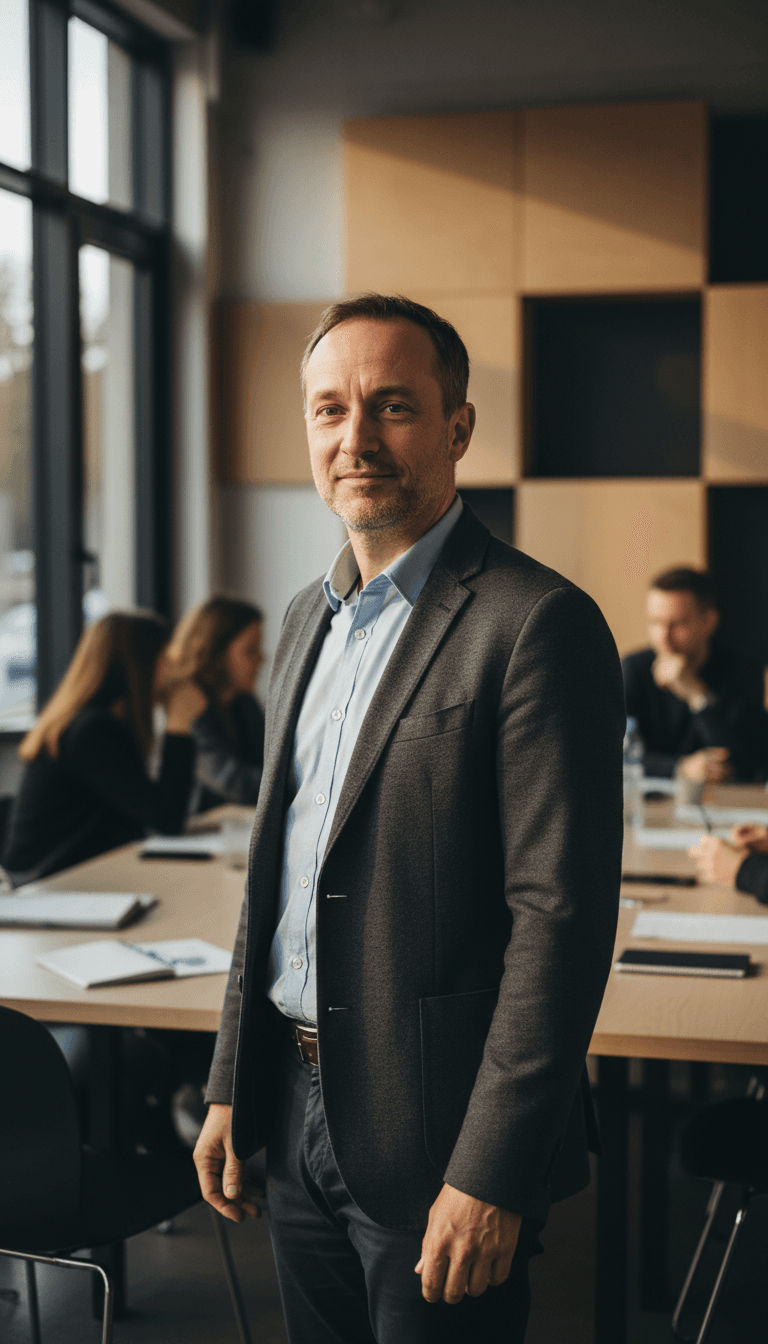 Portrait of man standing in workshop space with relaxed confident posture, expressing emotional maturity and authentic presence