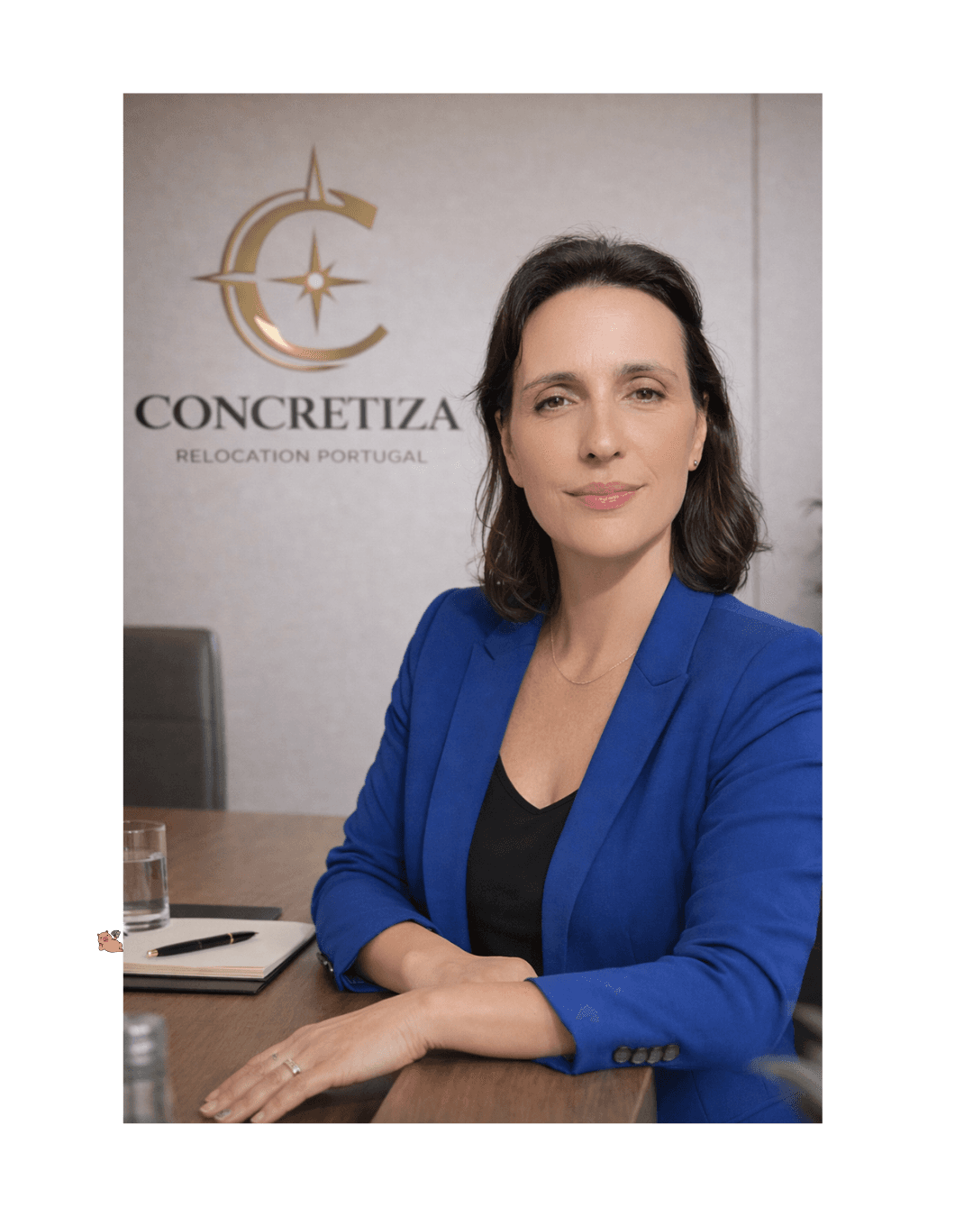 Mulher profissional de blazer azul sentada à mesa com o logótipo da Concretiza ao fundo.